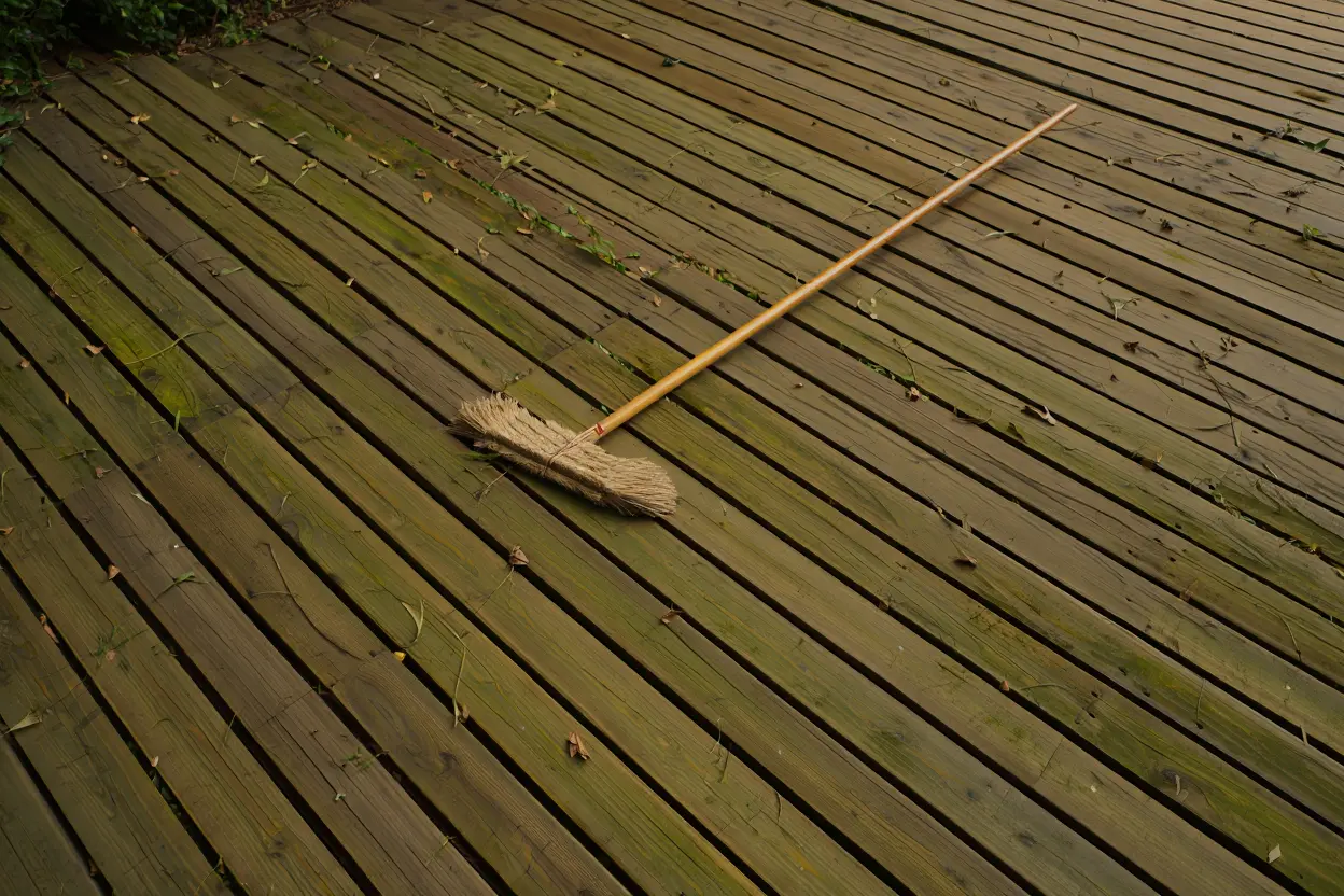 Balai-brosse en bois posé sur un pont en lattes en bois, poussière et feuilles dispersées dessus. Balai-brosse en bois posé sur un pont en lattes en bois, poussière et feuilles dispersées dessus.