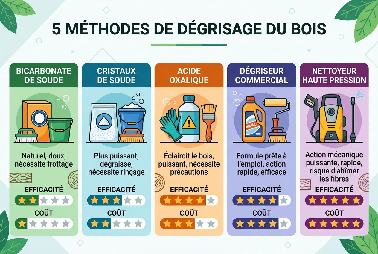 Affiche “5 méthodes de dégrisement du bois” présentant 5 colonnes: bicarbonate de soude, cristaux de soude, acide oxalique, dégriseur commercial et nettoyeur haute pression, avec conseils et évaluations d’efficacité, coût et usage. Intègre naturellement le mot-clé: comment traiter le bois gris.