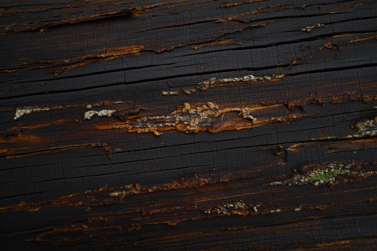 Bois pourri avec signes de décoloration et champignons