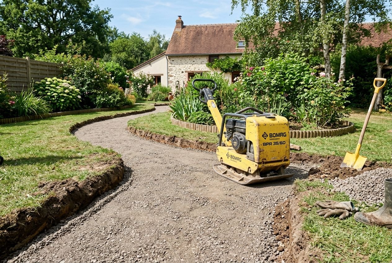 Chemin d’accès en gravier en cours de préparation, avec compacteur et outils pendant le terrassement autour d’un jardin et d’une maison. Préparer le terrain pour une allée en résine drainante.
