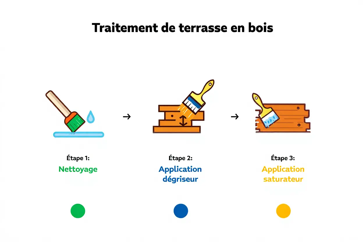 Illustration d’un traitement de terrasse en bois en trois étapes: nettoyage, application dégriseur, et application saturateur. Illustration d’un traitement de terrasse en bois en trois étapes: nettoyage, application dégriseur, et application saturateur.