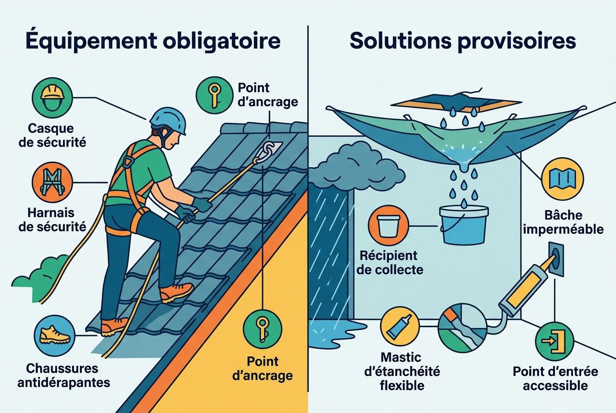 Équilibre entre sécurité et solutions : travailleur sur une toiture avec équipements obligatoires, points d’ancrage et harnais; puis solutions provisoires comme bac, récupérateur et bâche imperméable pour fuite toiture introuvable.