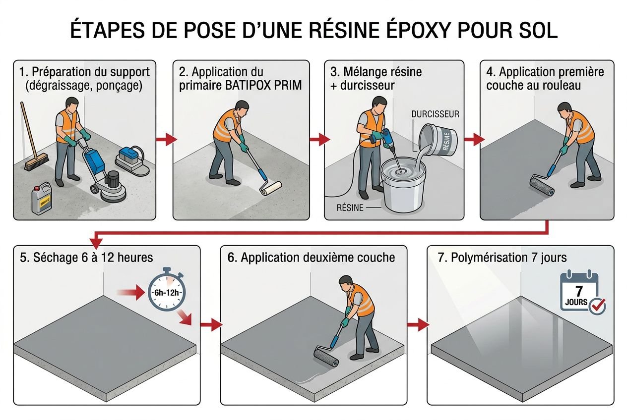 Étapes d’application d’une résine époxy pour sol : préparation, application, mélange, première couche, séchage, seconde couche et polymérisation finale.