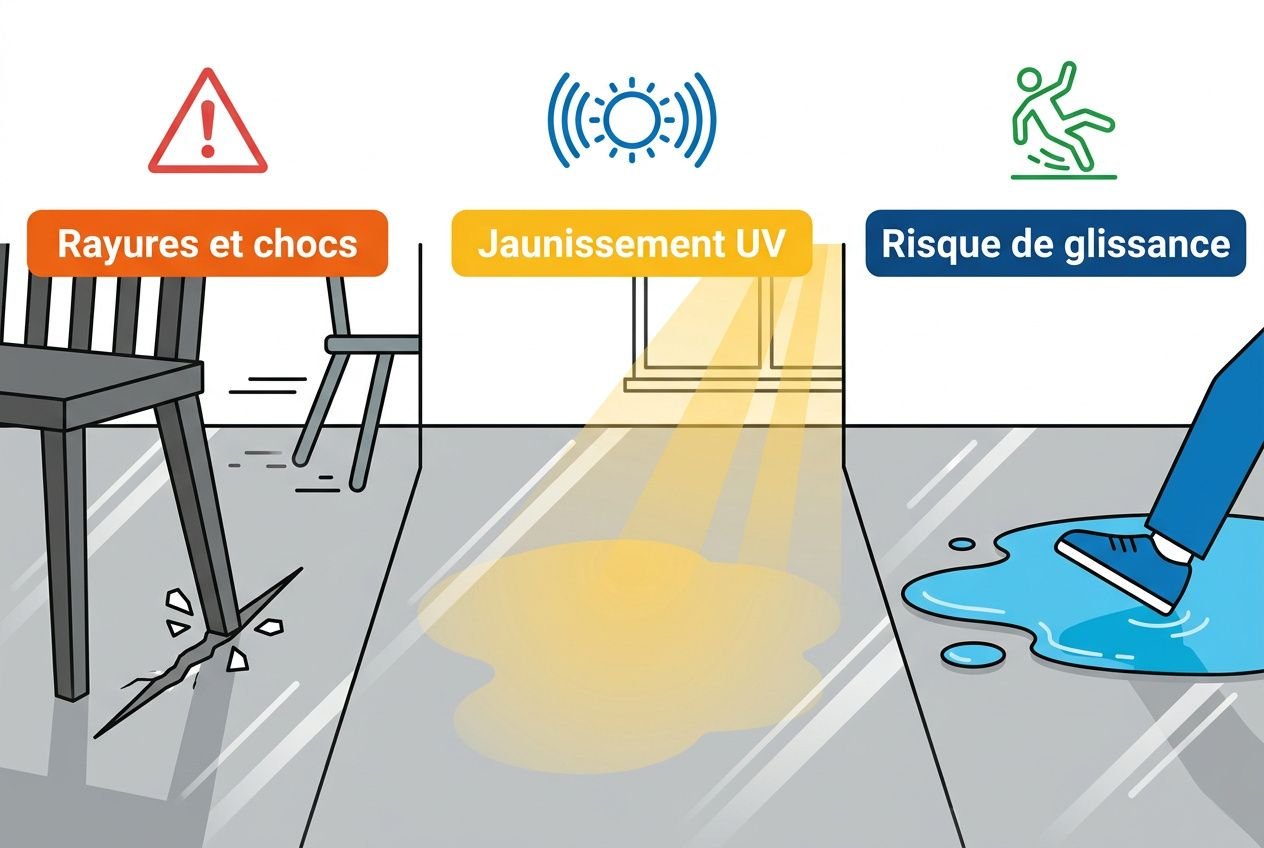 Inconvénients du sol en résine : illustration montrant risques, rayures et chocs, jaunissement UV et risque de glissance sur terrasse en résine.