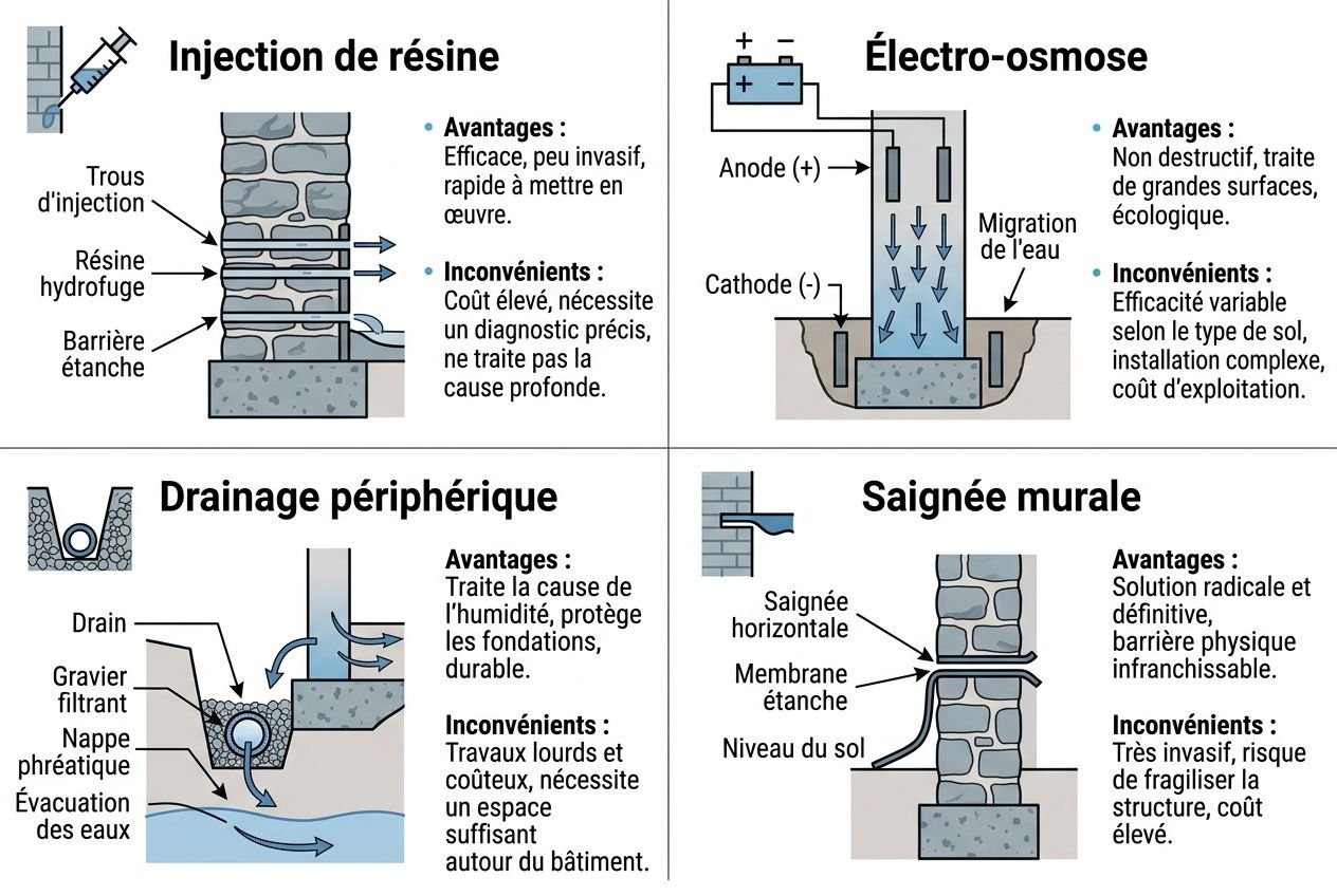 Injection de résine et drainage périphérique pour traiter les remontées capillaires et humidité des murs, avec électro-osmose et saignées murales.
