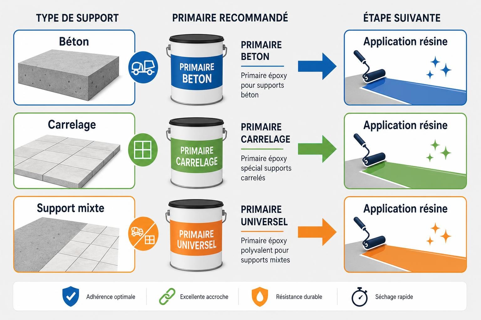 Procédé d’application de résine époxy sur béton : supports (béton, carrelage ou mixte), primaire recommandé et étape suivante “application résine” avec rouleau.