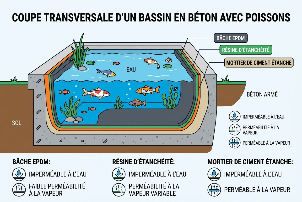 Schéma illustrant les différentes couches d'étanchéité pour un bassin à poissons