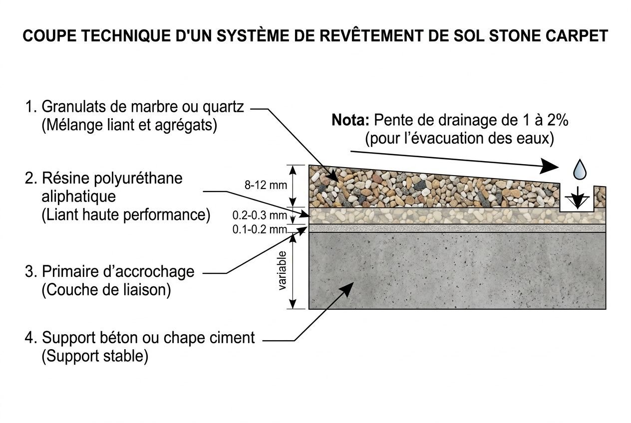 Schéma technique d’un système de revêtement de sol stone carpet avec couches: granulat, résine polyuréthane, primaire d’accrochage et support béton, prêt pour réaliser une moquette de pierre.