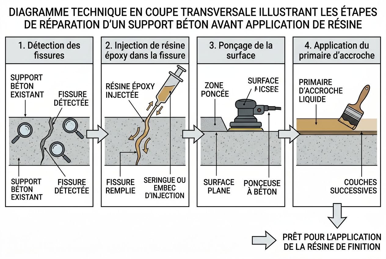 Schéma technique montrant les étapes de réparation d’un support béton avant application de résine, avec détection des fissures, injection de résine époxy, ponçage et préparation de la surface, puis application du fini. intégration: préparer le terrain pour une allée en résine