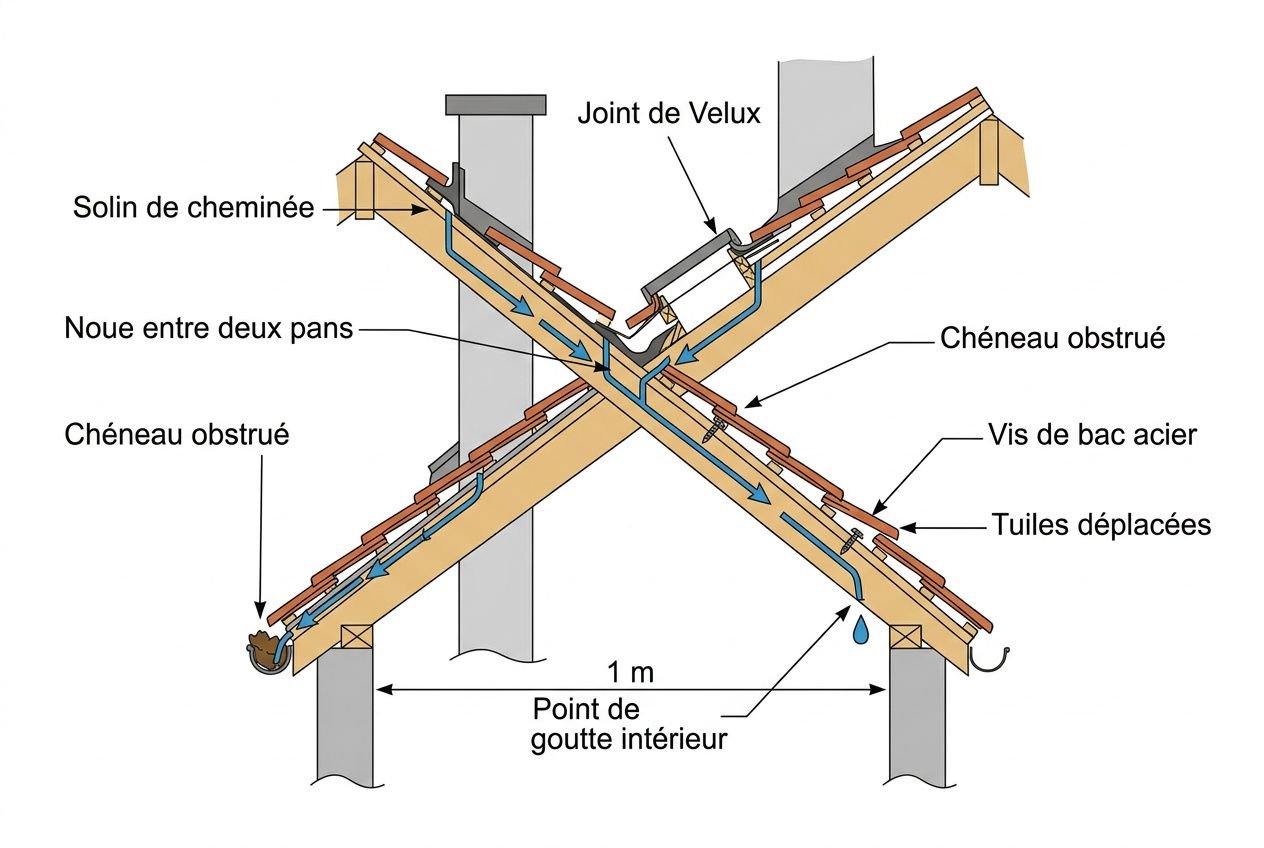 Schéma technique montrant une fuite de toiture introuvable: éléments de chevrons, joints, solin, tuiles déplacées et goutte d’eau à l’intérieur, repère point de goutte intérieure.