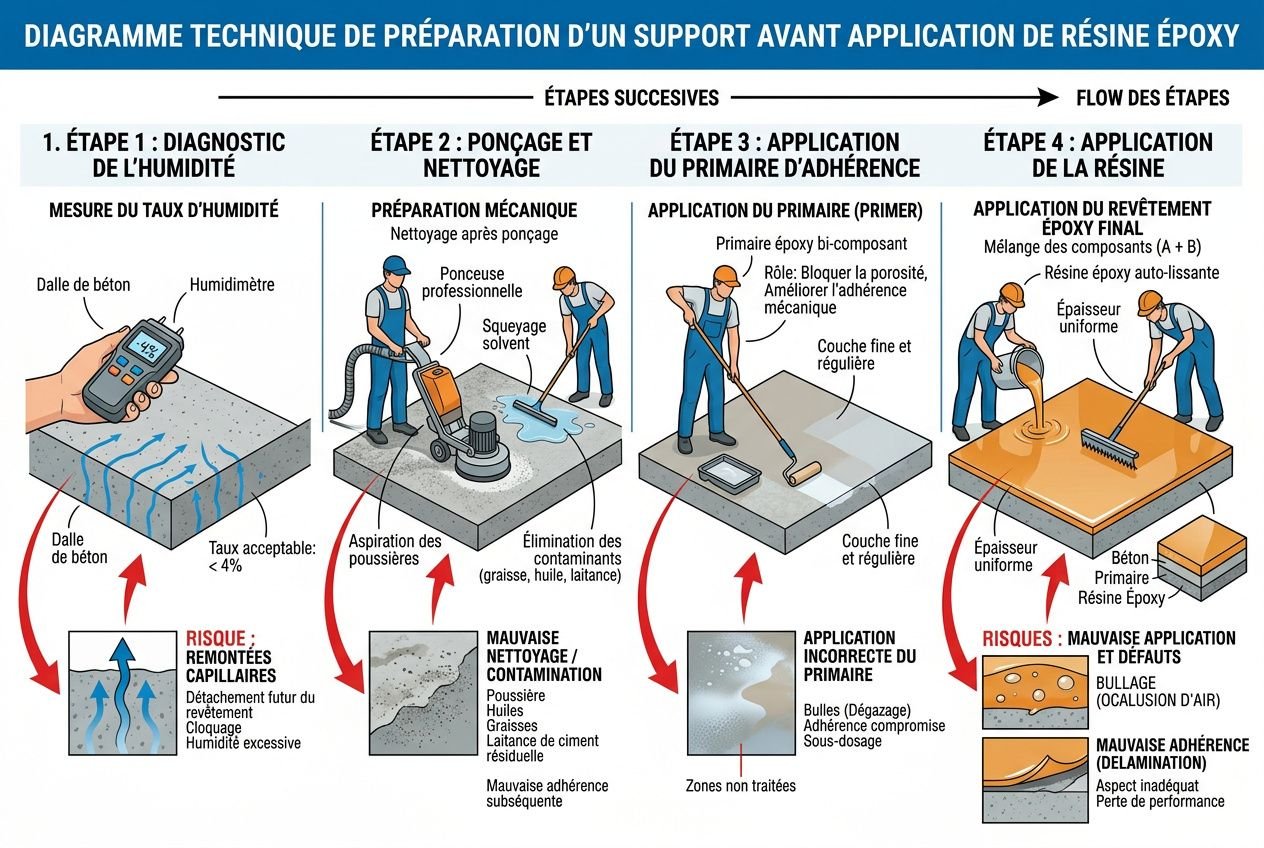 Schéma technique de préparation d’un support avant application de résine époxy, montrant les étapes de diagnostic, ponçage/nettoyage, adhérence et finition. inconvénients du sol en résine est évoqué par les risques: rayures, adhérence insuffisante et préparation exigeante.
