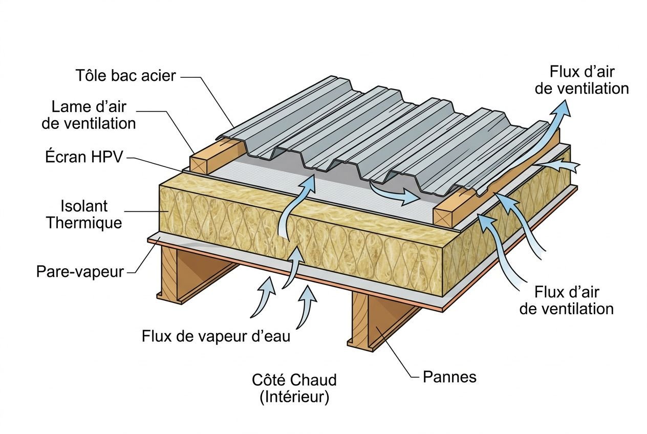 Stratification toiture bac acier