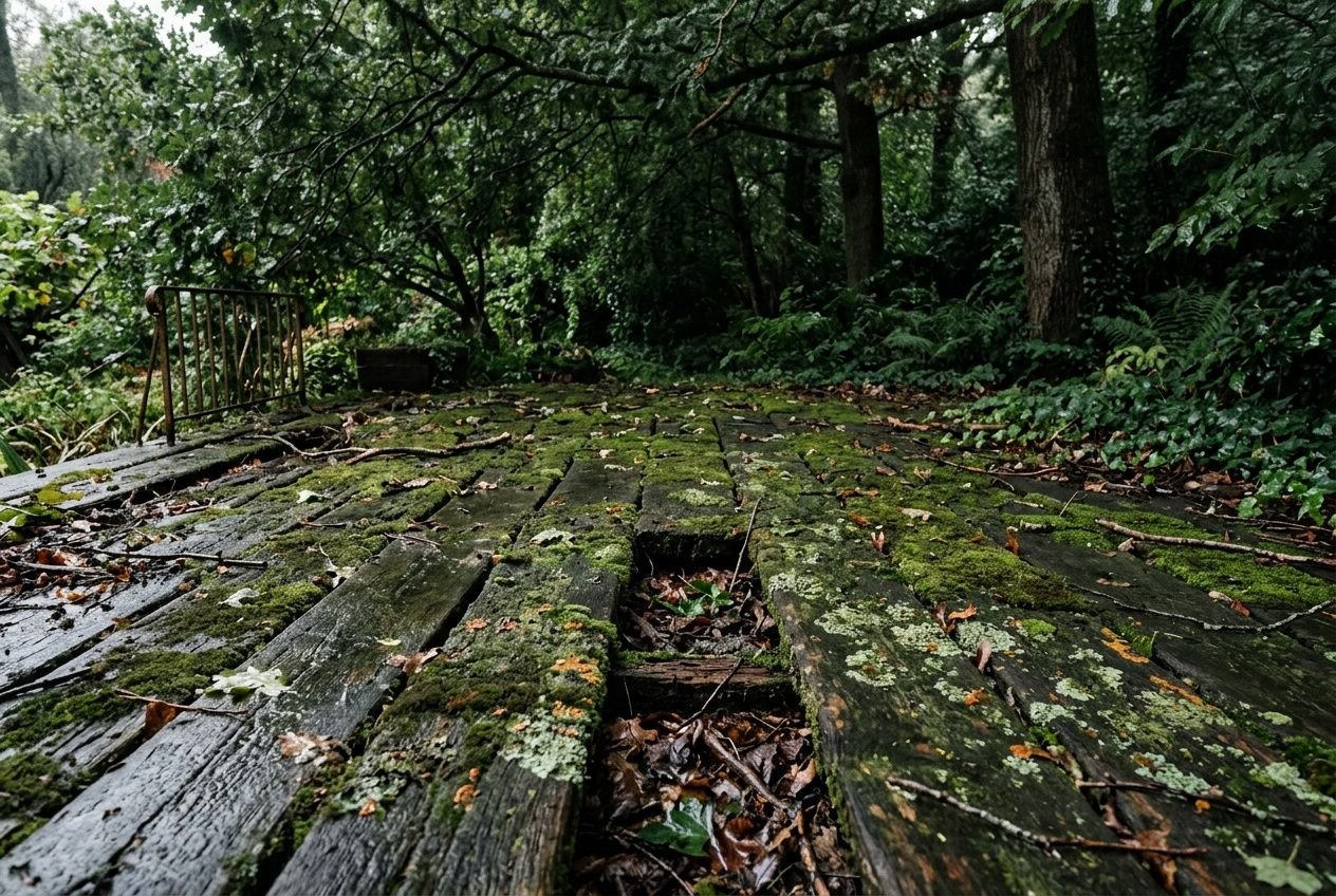 Terrasse en bois couverte de mousse