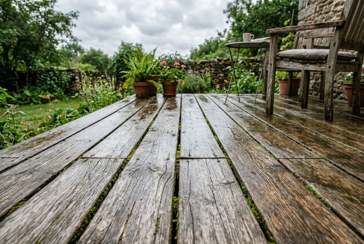 Terrasse bois grisaillée par intempéries