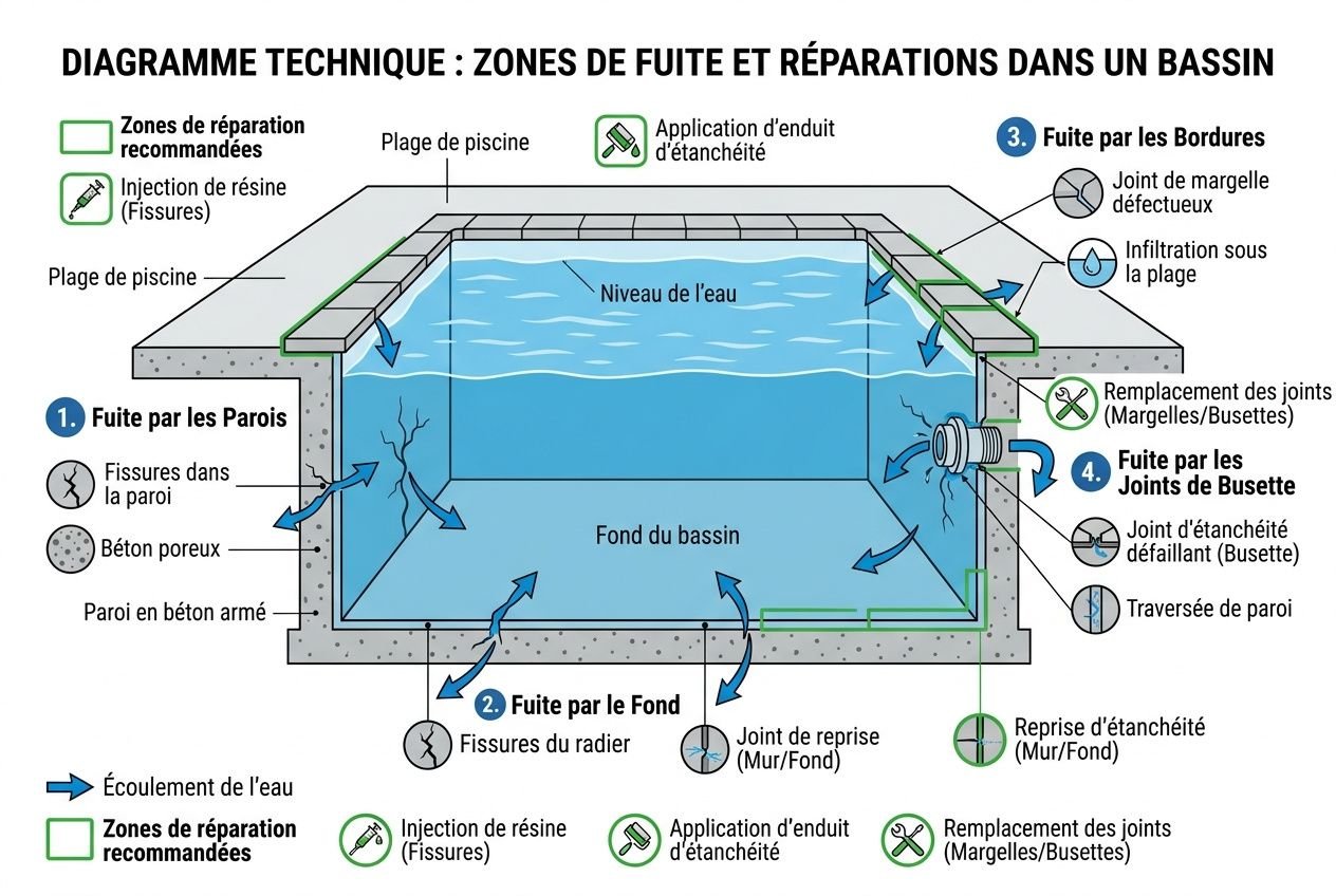 Zones de fuite dans un bassin